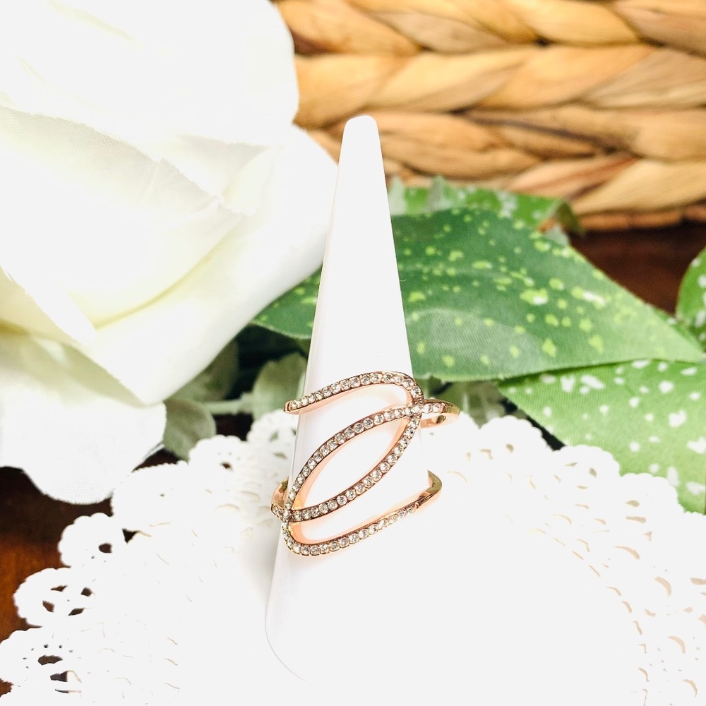 Modernist Abstract Rose Gold Tone Sparkling Crystal Ring